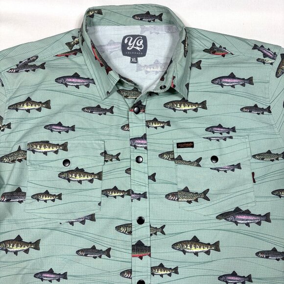 Yo Colorado Snap Button Shirt Rainbow Brook Lake Trout All Over Print Mens XL - Picture 2 of 7